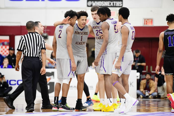 Middle Village, NY, USA; Montverde Academy Eagles guard Cade Cunningham (1) talks with teammates in the fourth quarter during a game against the IMG Academy Ascenders at Christ the King High School.